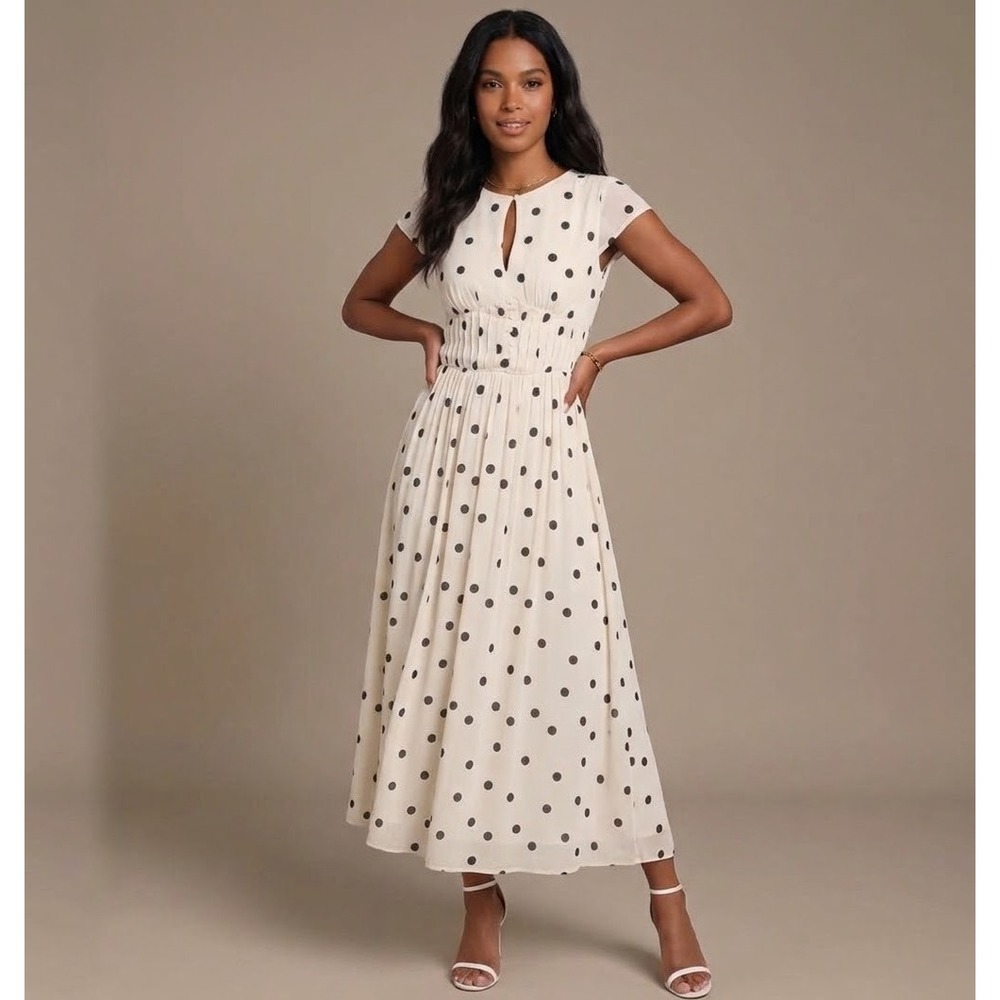 Petal & Pup Cream Navy Polka Dot Empire Waist Midi Dress XS